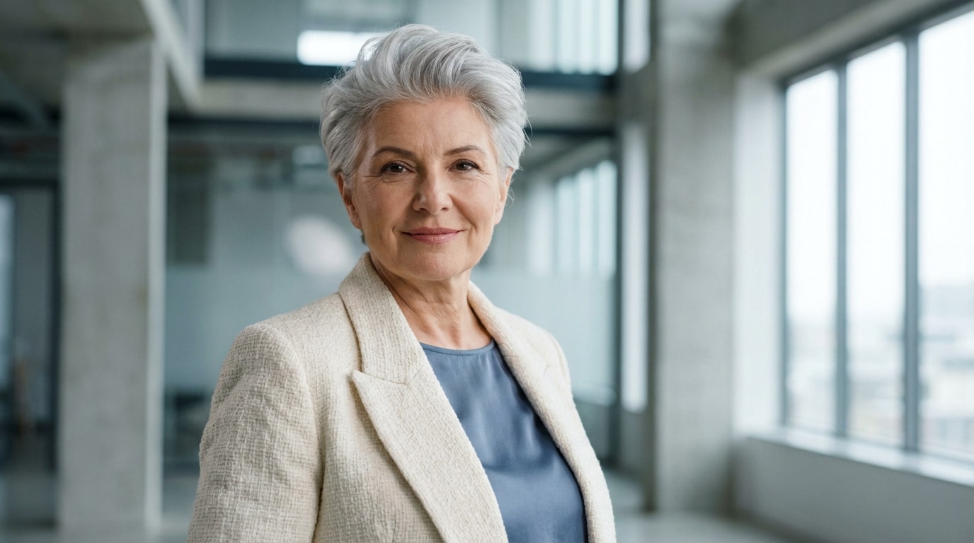 Portrait d'une femme souriante de 60 ans aux cheveux gris courts et modernes, portant un blazer crème et un haut bleu.