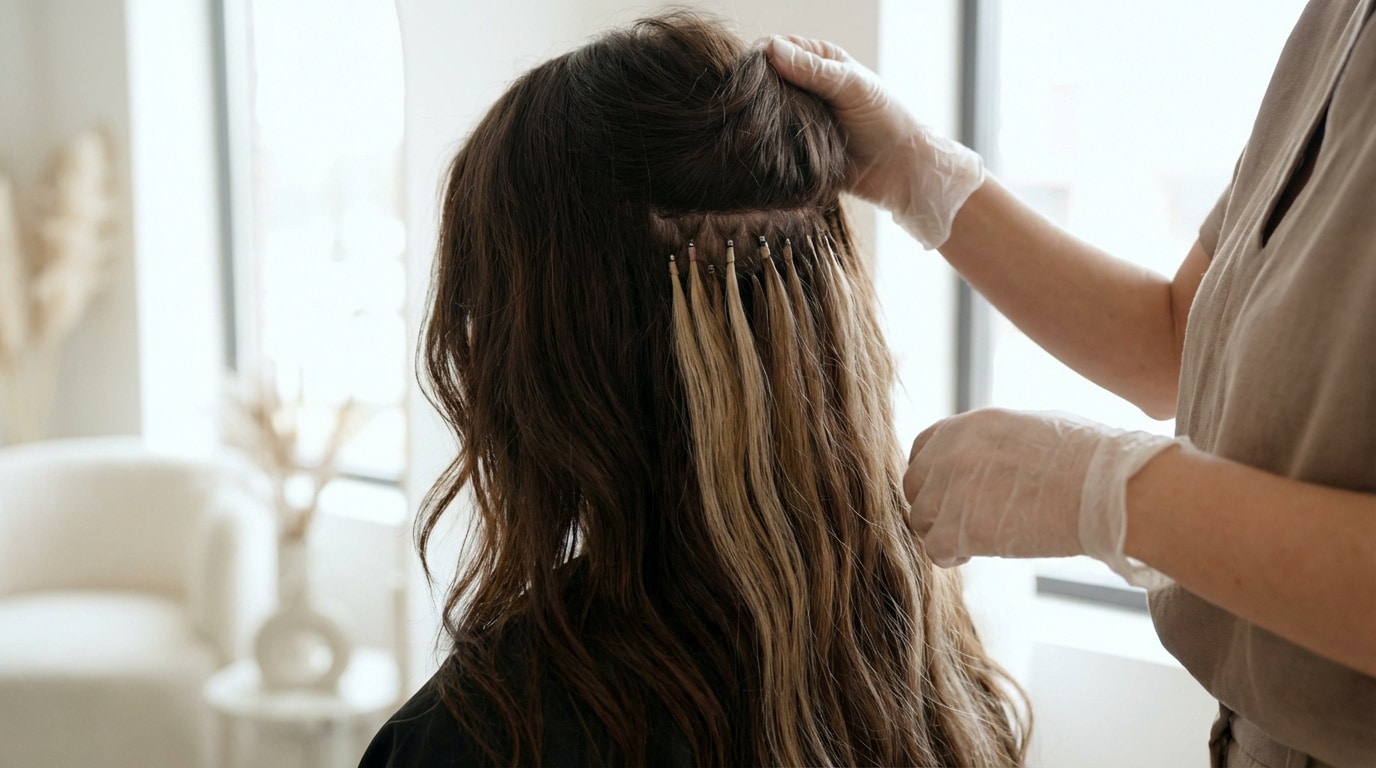 Vue arrière d'une cliente ayant des extensions capillaires micro-anneaux en cours de pose ou correction par un coiffeur ganté.