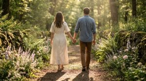 Couple marchant main dans la main sur un sentier forestier ensoleillé, bordé de murets en pierre moussus et de fleurs.