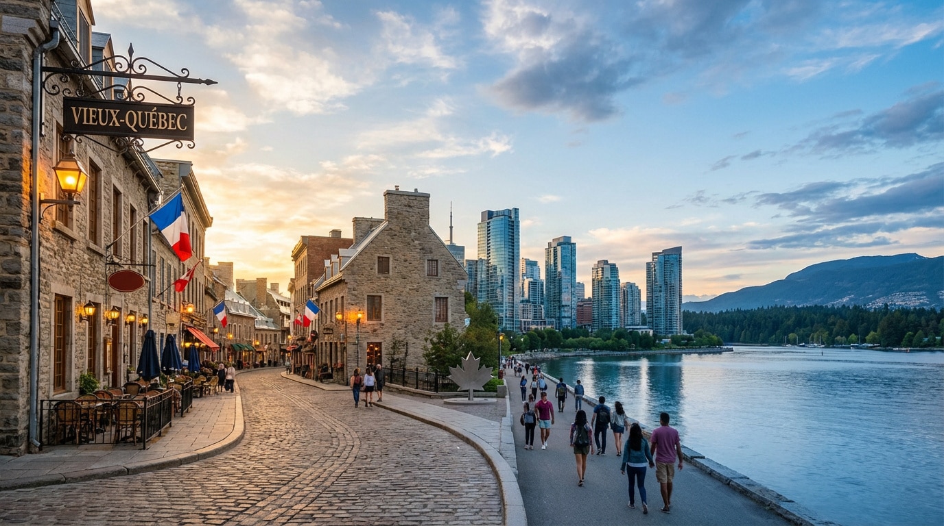 Paysage urbain contrasté: vieille ville de Québec (pavés, drapeaux) à gauche, gratte-ciel et promenade côtière à droite.