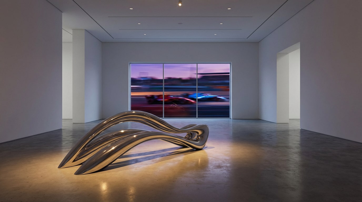Sculpture métallique courbée dans une galerie, devant un écran montrant deux voitures de Formule 1 en course.