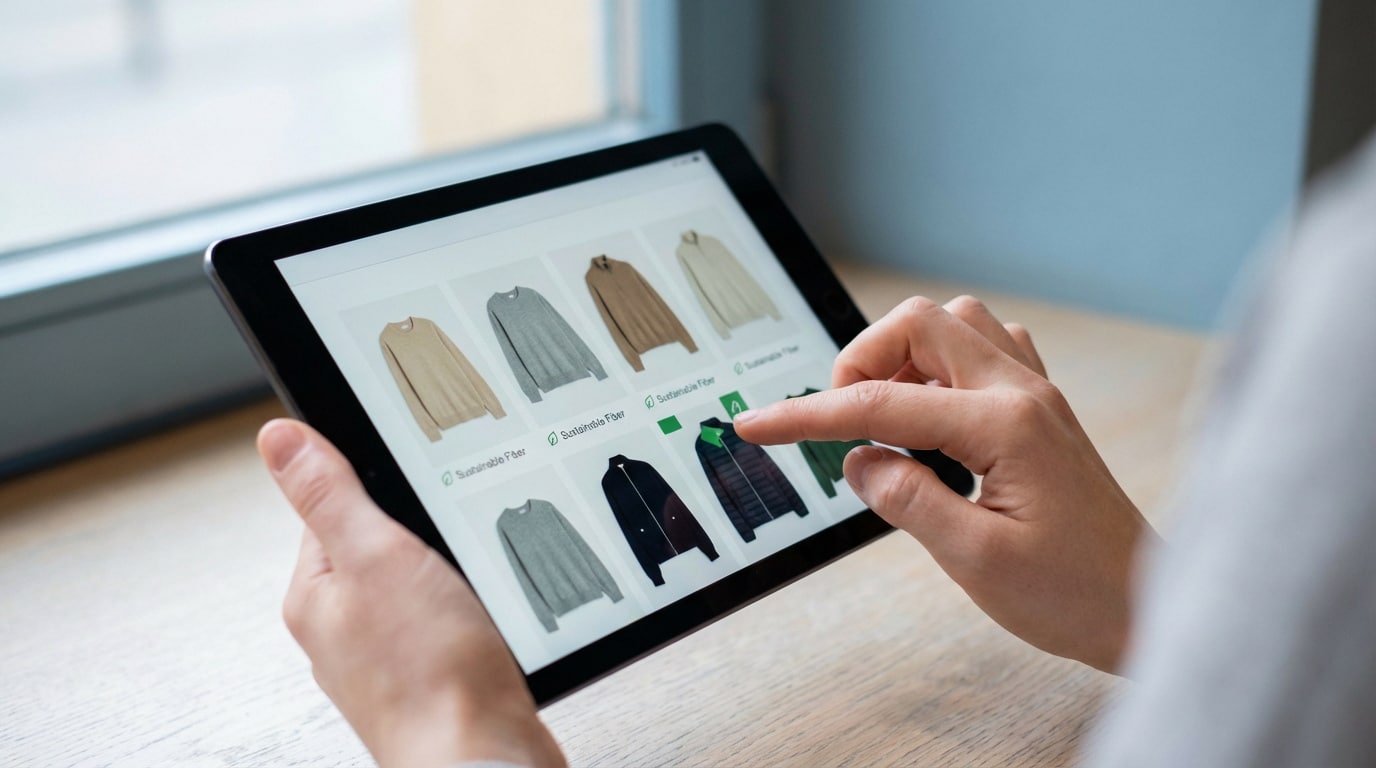 Une personne utilise une tablette pour naviguer sur un site de vêtements. L'écran affiche des articles étiquetés "Sustainable Fiber".