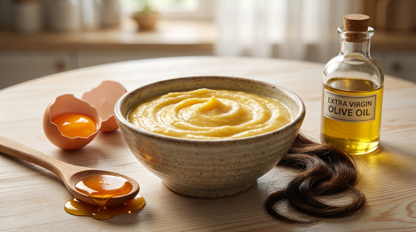 Ingrédients pour masque capillaire fait maison: bol de préparation, œuf, miel, huile d'olive et mèche de cheveux sur une table.