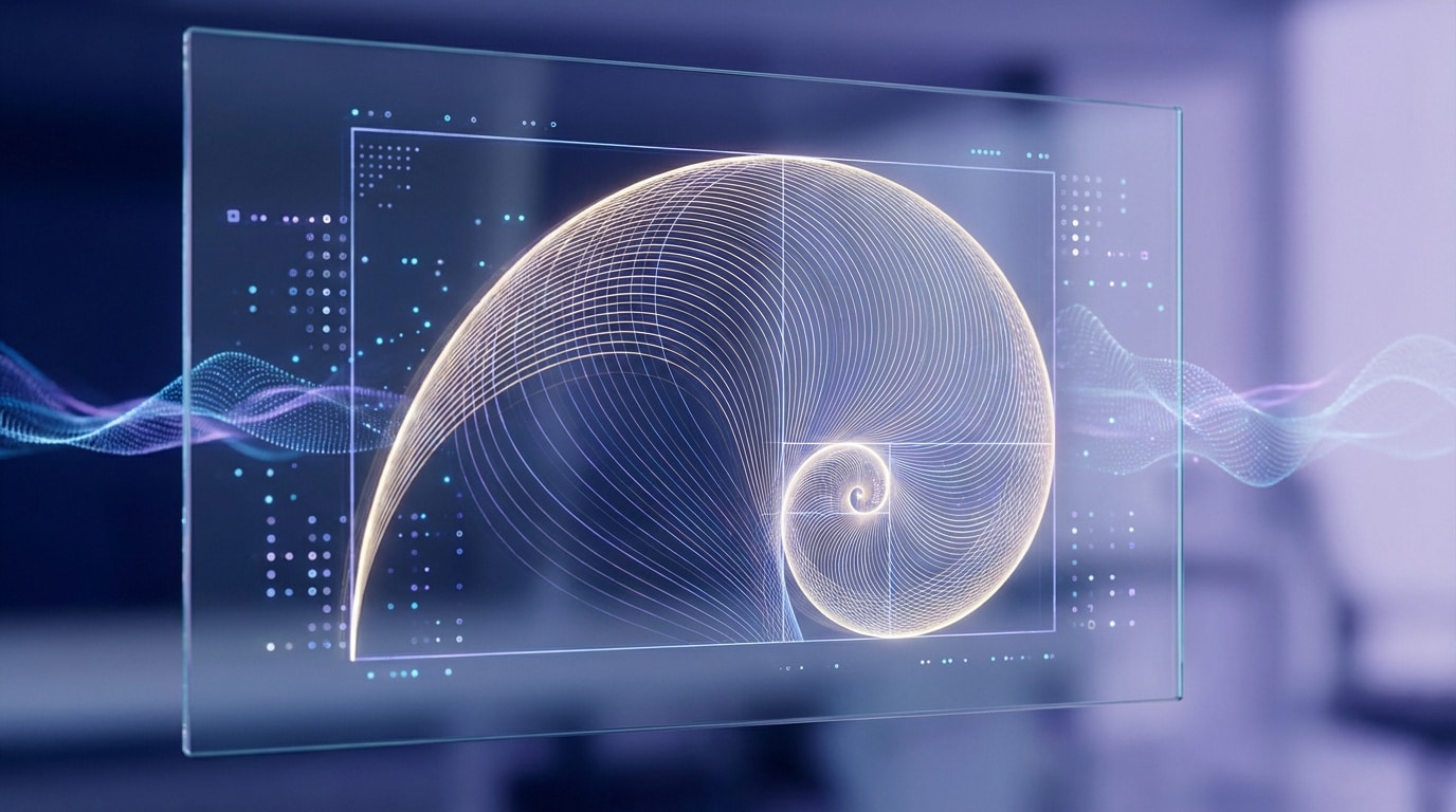 Une spirale du nombre d'or brillante sur un écran transparent flottant, entourée d'éléments de données abstraits et d'ondes lumineuses futuristes bleues et violettes.