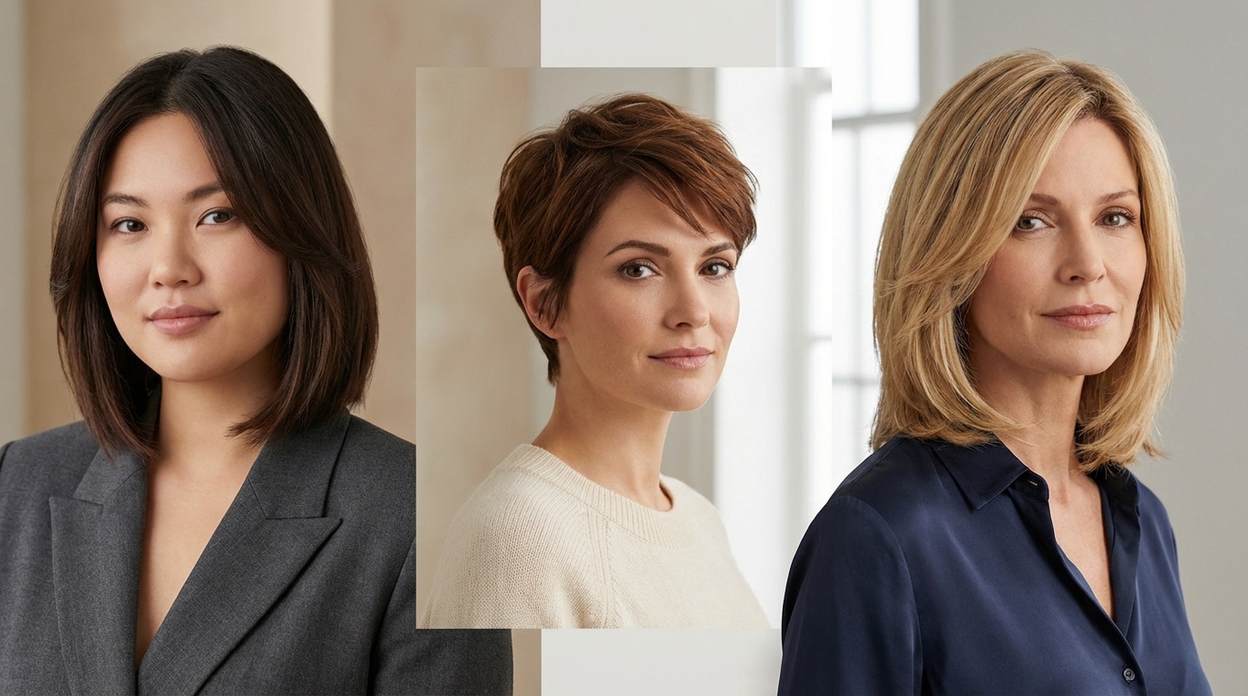 Trois femmes souriantes aux coupes variées : un carré mi-long, une coupe courte pixie, et un carré long dégradé. Idéal pour visage rond.