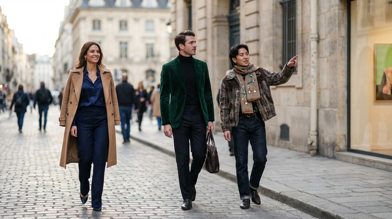 Trois personnes vêtues de tenues élégantes et modernes marchent sur une rue pavée typique de Paris, présentant des looks tendances.