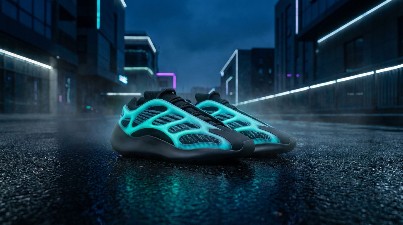 Paire de sneakers Yeezy Dark Glow noires avec cage turquoise lumineuse sur sol mouillé la nuit, fond urbain flou.