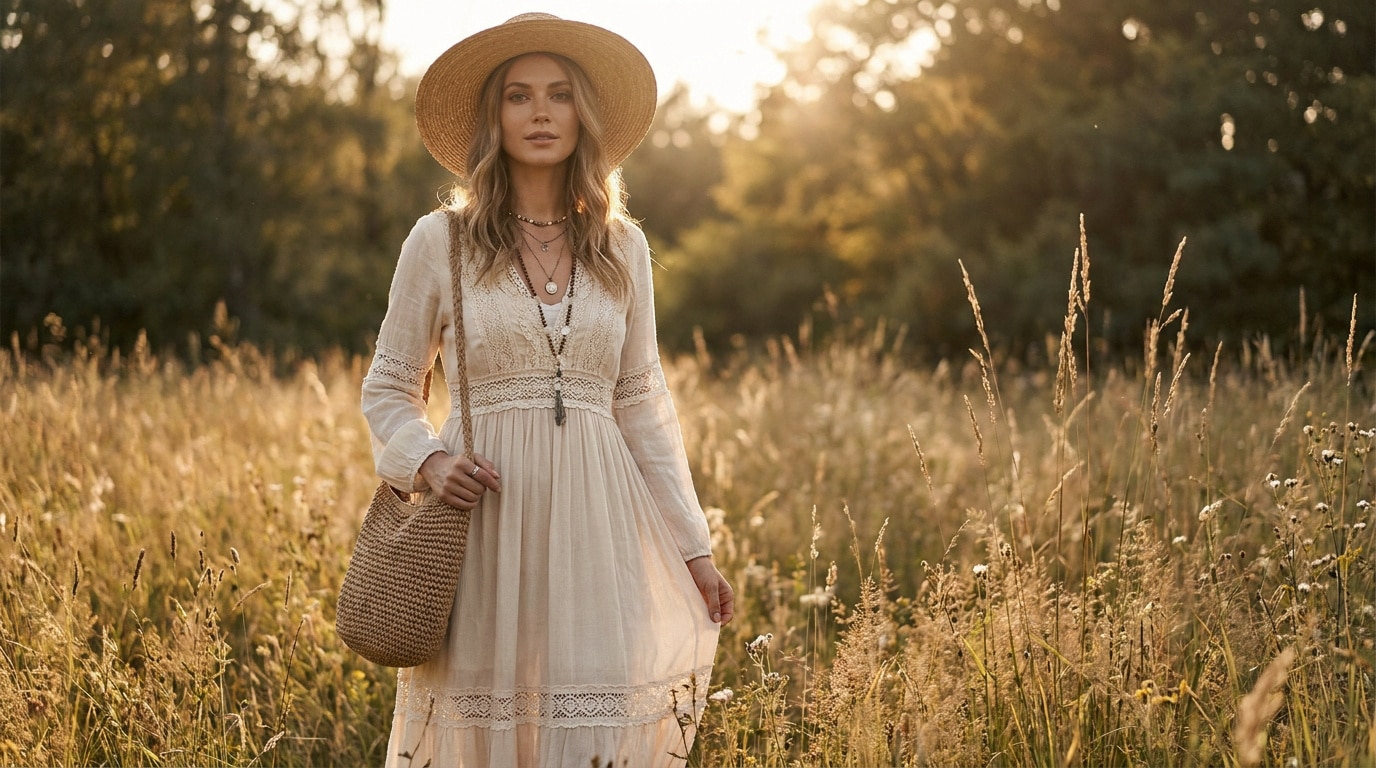Femme en robe beige et chapeau de paille marchant dans un champ sous une lumière dorée.