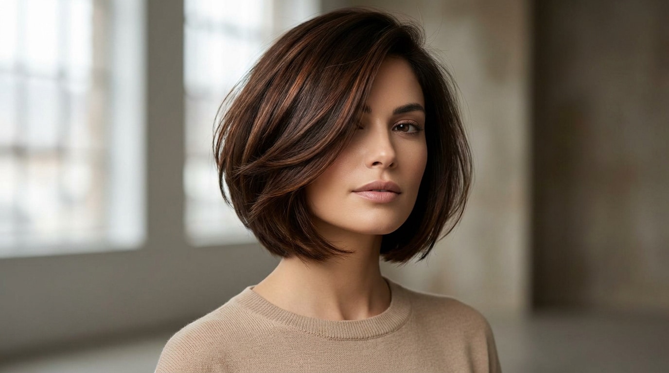 Portrait d'une femme aux cheveux bruns avec une coupe au carré plongeant dégradé et volumineux.