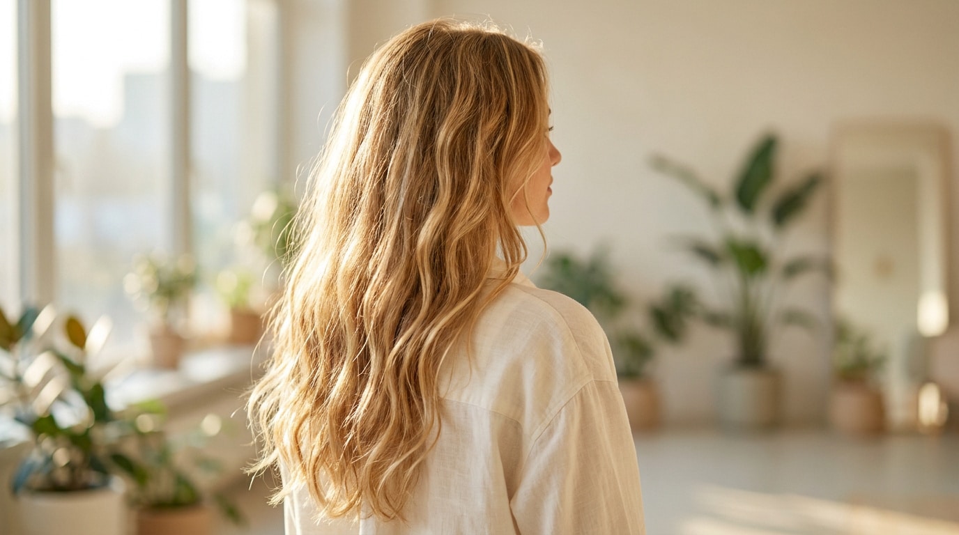 Jeune femme de profil avec de longs cheveux blonds ondulés illuminés par la lumière du soleil dans un intérieur.