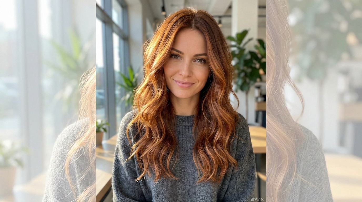 Portrait d'une femme souriante aux longs cheveux ondulés d'une nuance brun cuivré éclatante, dans un intérieur lumineux.
