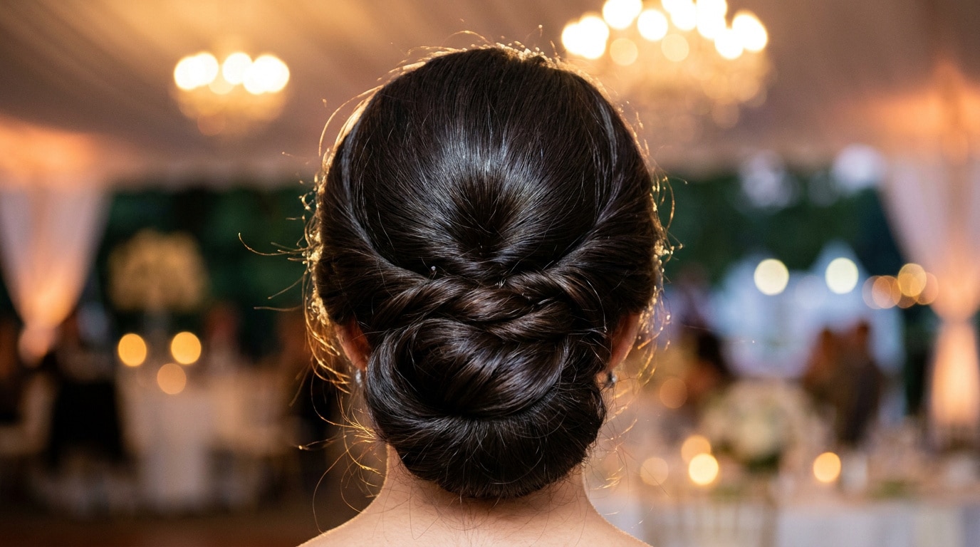 Vue arrière d'une femme avec un chignon bas sophistiqué lors d'une réception en soirée avec des lumières floues.