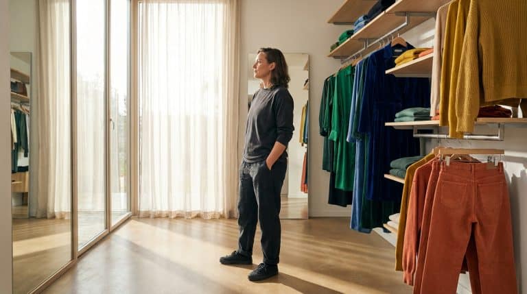 Une femme debout dans un dressing lumineux, contemplant sa garde-robe aux vêtements colorés.