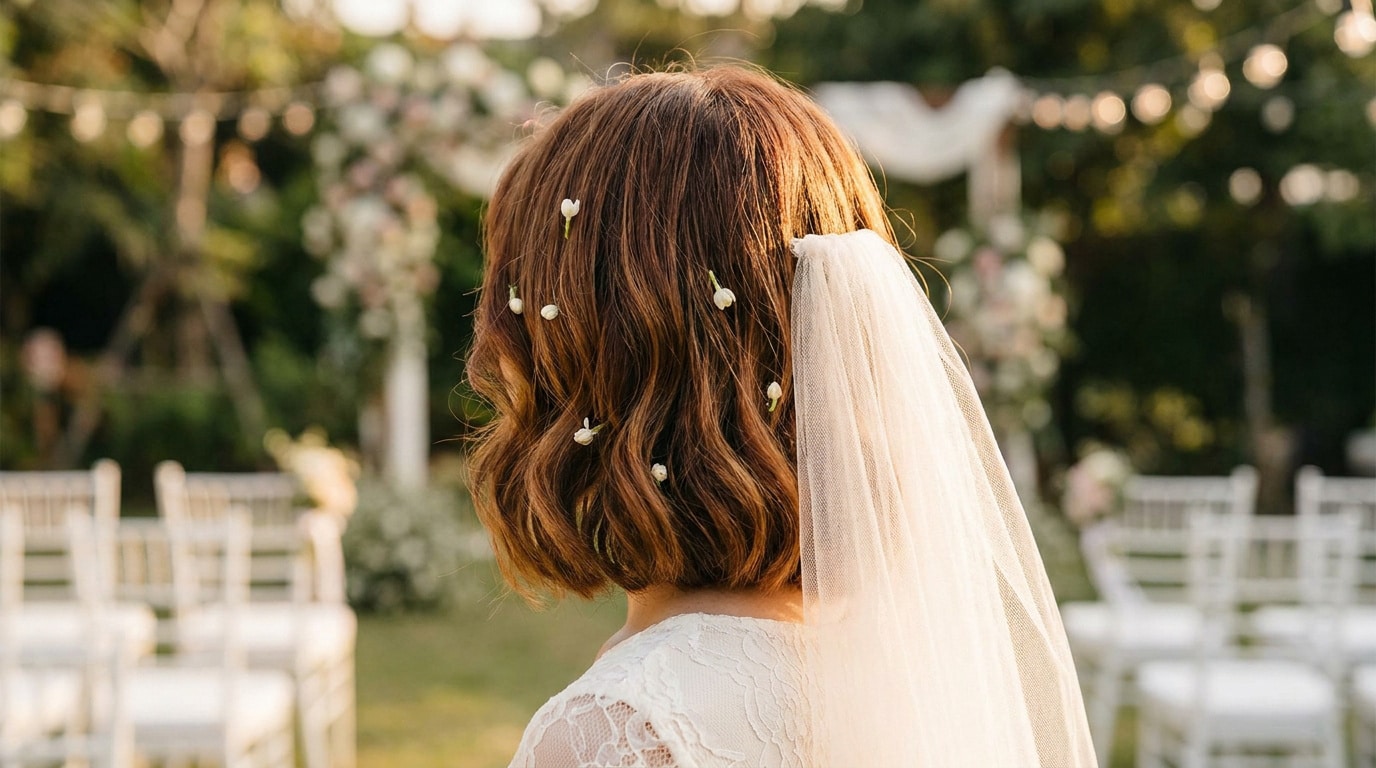 Vue de dos d'une mariée aux cheveux courts ondulés ornés de petites fleurs blanches avec un voile léger.