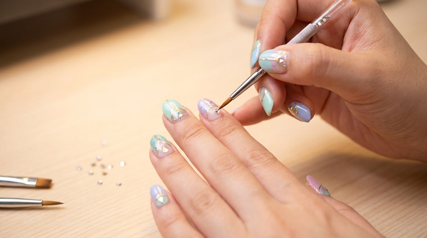 Gros plan sur une esthéticienne appliquant un petit strass sur un ongle décoré dans des tons pastel.