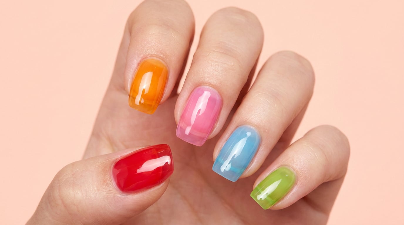Une main avec des ongles vernis de couleurs vives et translucides façon gelée sur un fond pêche.