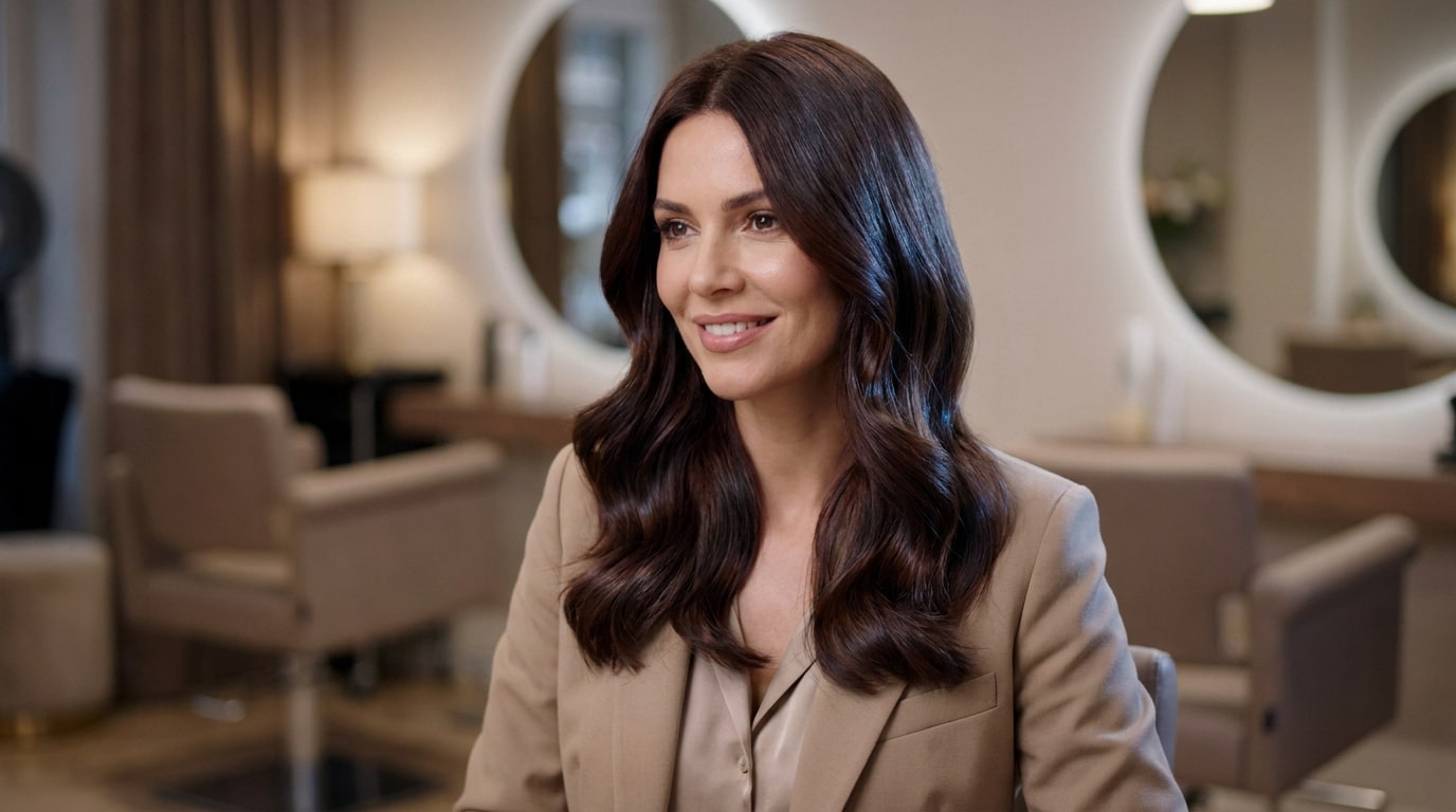 Femme souriante avec de longs cheveux ondulés couleur marron glacé, portant un blazer beige dans un salon de coiffure.