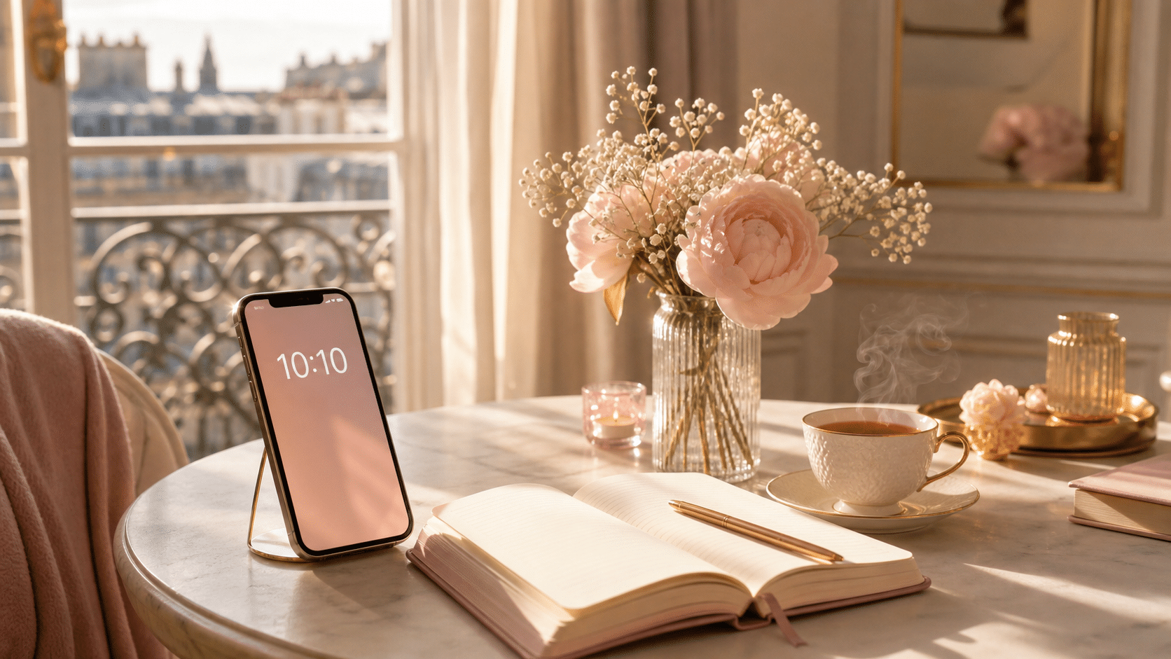 Smartphone affichant 10h10 dans une ambiance lifestyle parisienne