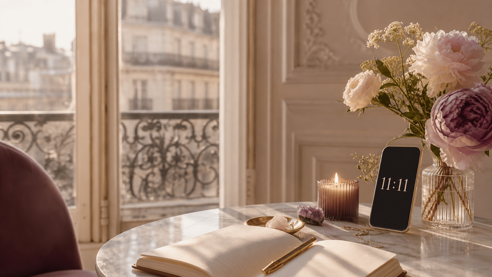Horloge affichant 11h11 dans une ambiance romantique et spirituelle