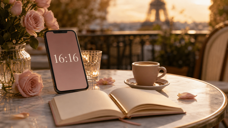 Smartphone affichant 16h16 dans une ambiance lifestyle parisienne