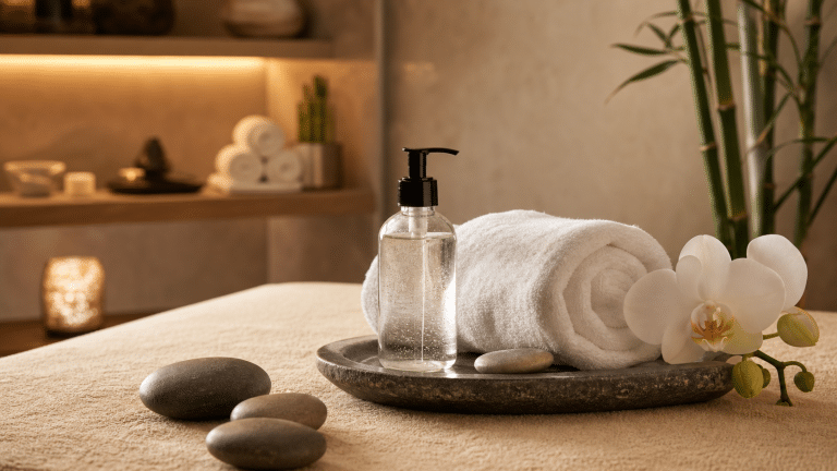 Ambiance spa sobre avec serviettes et flacon de gel